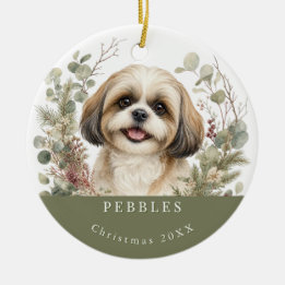 Ornamento De Cerâmica Cachorro Shih Tzu Dourado Branco Aquarela Natal