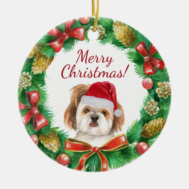 Ornamento De Cerâmica Cachorro Shihtzu Feliz natal (Frente)