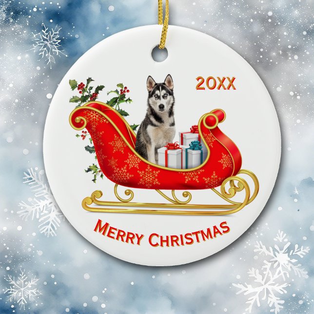 Ornamento De Cerâmica Cachorro Siberian Husky Sleigh Natal (Criador carregado)
