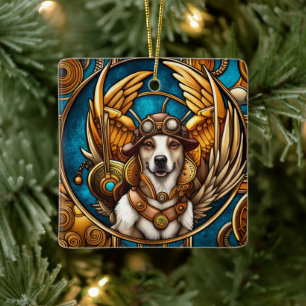 Ornamento De Cerâmica Cachorro Steampunk com Asas