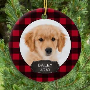 Ornamento De Cerâmica Cachorro Vermelho Rústico Xadrez Natal Puppy Pet