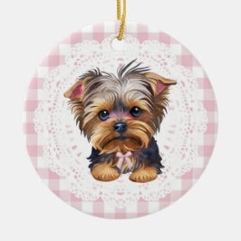 Ornamento De Cerâmica Cachorro Yorkshire Terrier Coquette Laços Xadrez R