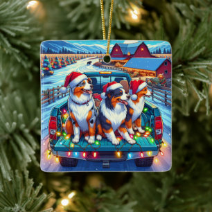 Ornamento De Cerâmica Cachorros Andando na Pickup no Natal da Fazenda