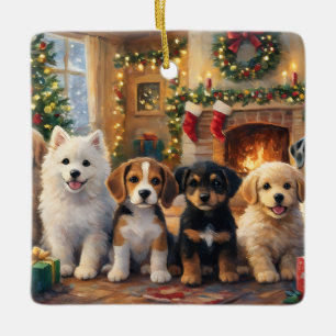 Ornamento De Cerâmica Cachorros de Natal junto à Lareira e Árvore Decora
