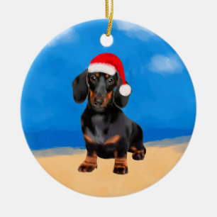 Ornamento De Cerâmica Cachshund No Chapéu De Natal Da Praia