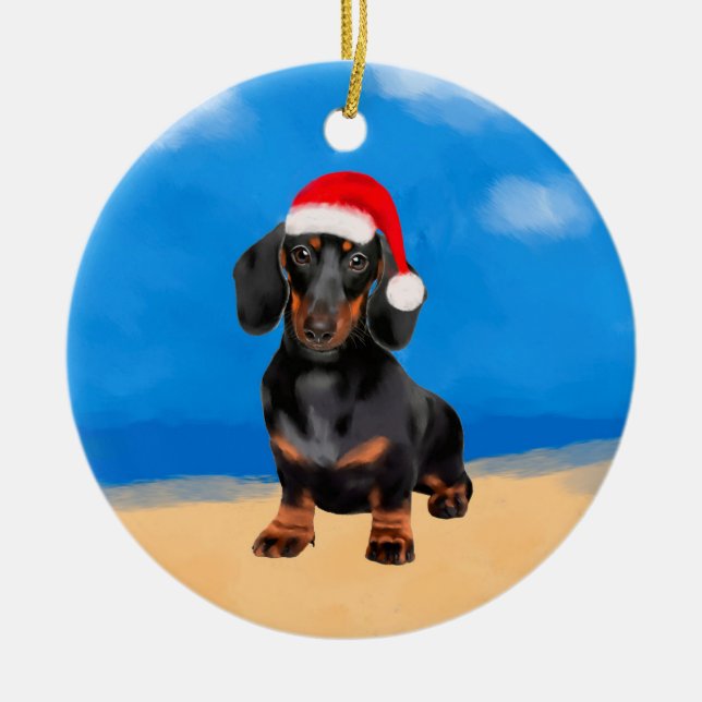 Ornamento De Cerâmica Cachshund No Chapéu De Natal Da Praia (Frente)