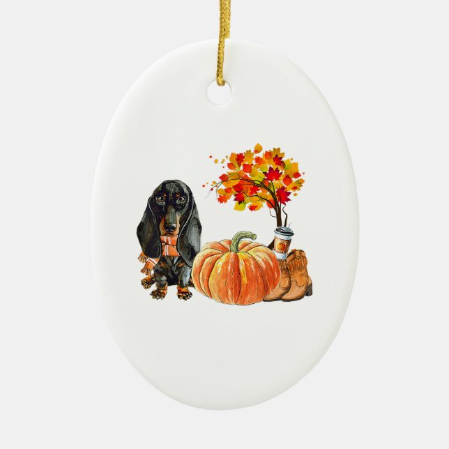 Ornamento De Cerâmica Cachshund Scarf Pumpkin outono Folhas (Frente)