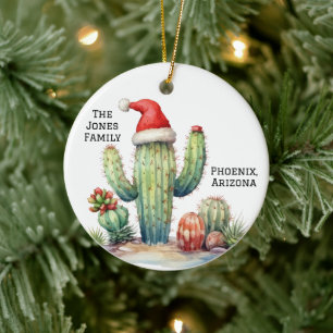 Ornamento De Cerâmica Cacto do Deserto/Sudoeste com Chapéu de Papai Noel