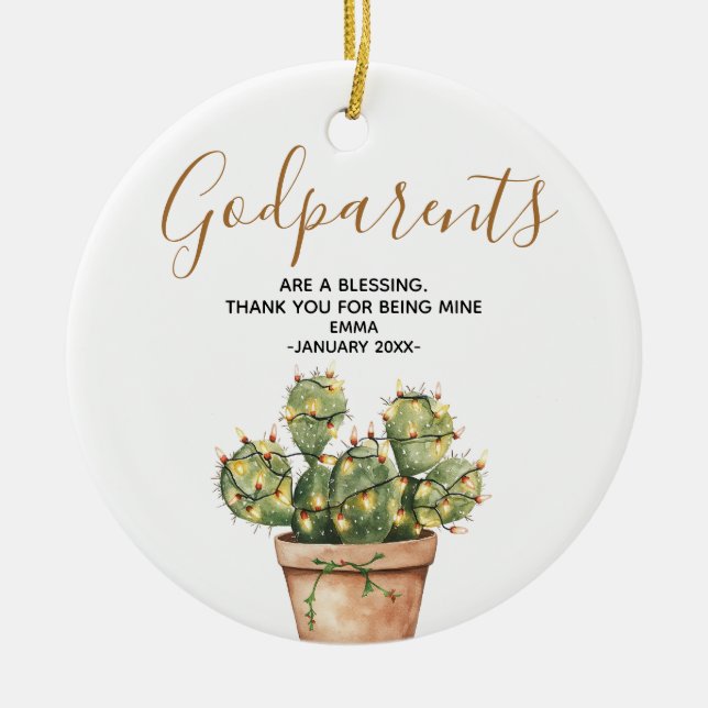 Ornamento De Cerâmica Cactus Christmas Godparent Family Keepsaname (Frente)