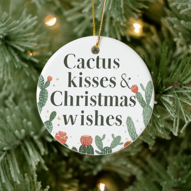 Ornamento De Cerâmica Cactus Kisses & Christmas Wishes – A Double-Sided  (Árvore)