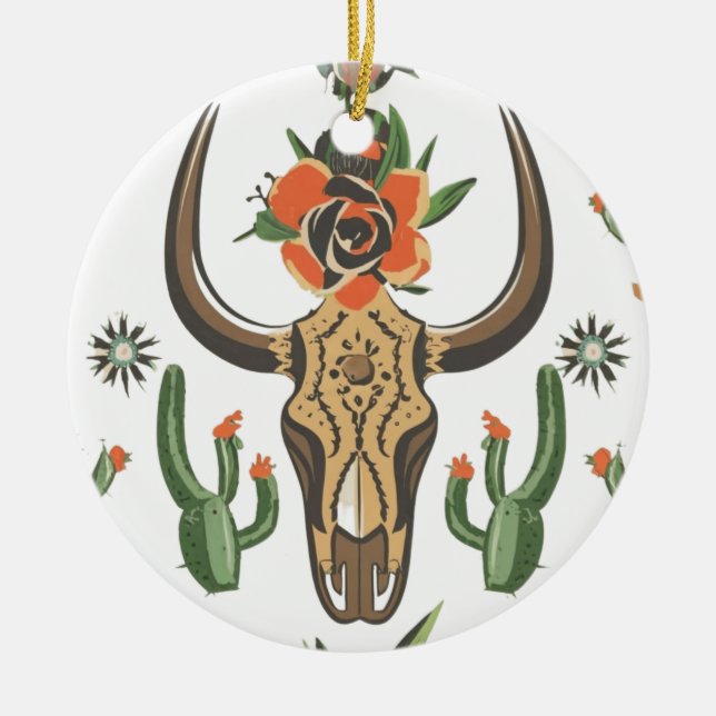 Ornamento De Cerâmica Cactus Western Country Aztec Bull Skull (Frente)