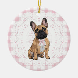 Ornamento De Cerâmica Cadela Bulldog Francês Coquete com Laços de Xadrez