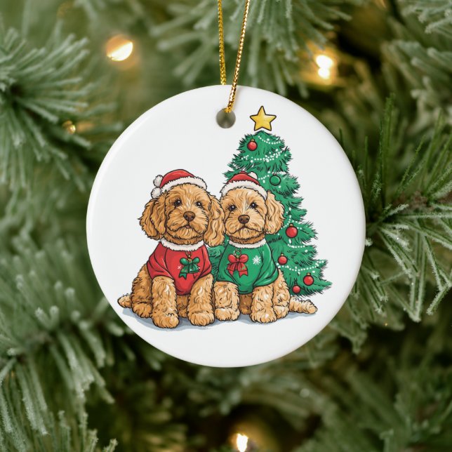 Ornamento De Cerâmica Cães de Goldendoodle de Natal (Árvore)