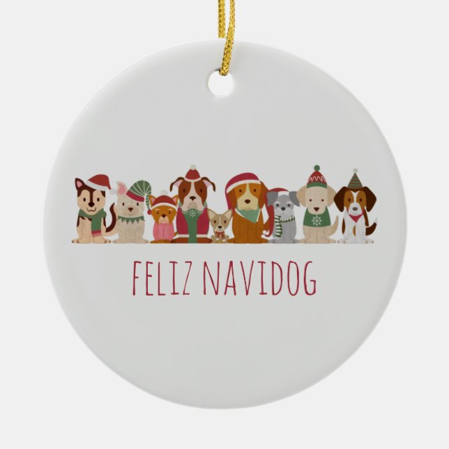 Ornamento De Cerâmica Cães de Natal Feliz Navidog (Frente)
