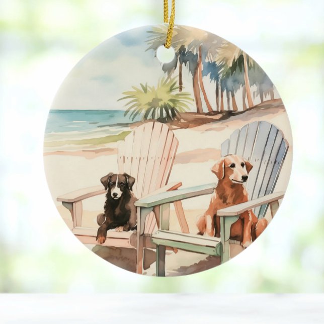 Ornamento De Cerâmica Cães em Adirondack Chairs Pastel Beach Scene (Beach Dogs on Adirondack Chairs Coastal Pastel Ceramic Ornament)