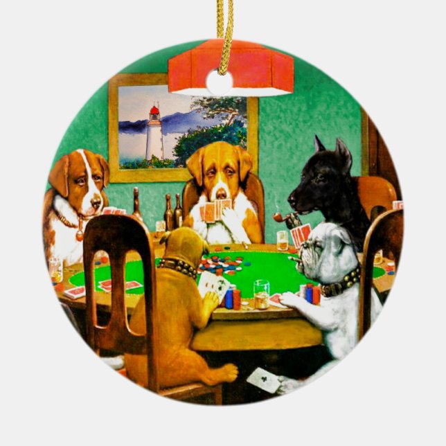 Ornamento De Cerâmica Cães Jogando Cartões de Poker Jogo (Frente)