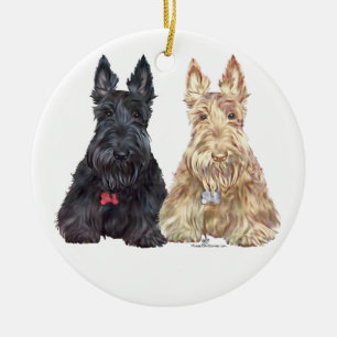 Ornamento De Cerâmica Cães Scottie Trigo e Preto