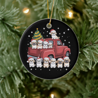 Ornamento De Cerâmica Cães Shih Tzu de Natal Caminhão Vermelho Chapéu de