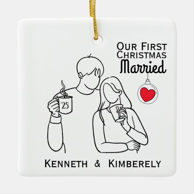 Ornamento De Cerâmica Café Amantes do Primeiro Natal Casados (Frente)