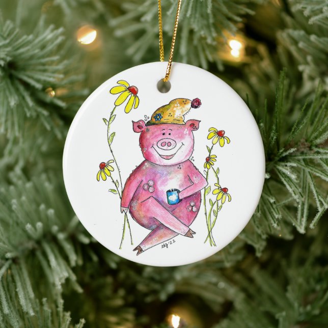 Ornamento De Cerâmica Café de Bebendo de porco branco (Árvore)