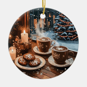 Ornamento De Cerâmica Café de inverno com cacau quente e biscoitos