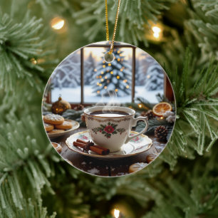Ornamento De Cerâmica Café de Natal e Bolachas Cena de inverno