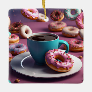 Ornamento De Cerâmica Café e Donuts
