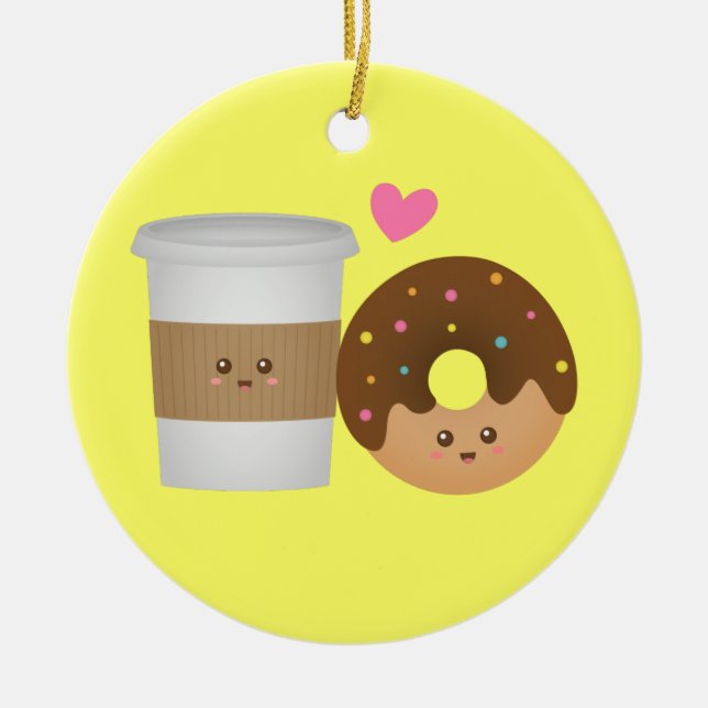 Ornamento De Cerâmica Café Fofo e Donut Apaixonados, Par Perfeito (Frente)