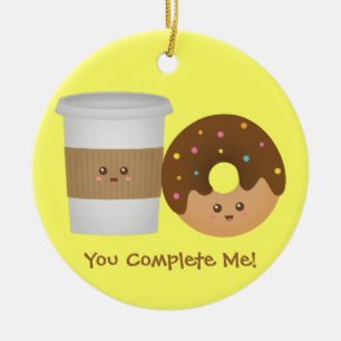 Ornamento De Cerâmica Café Fofo e Donut Apaixonados, Par Perfeito