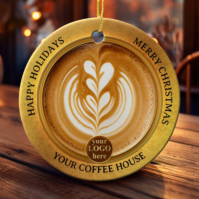 Ornamento De Cerâmica Café - Natal (Christmas ornament featuring a cappuccino in an elegant gold styled design with your custom logo)