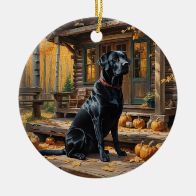 Ornamento De Cerâmica Café preto Labrador Retriever Log Cabine (Frente)