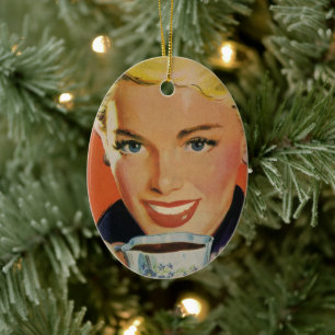 Ornamento De Cerâmica Café Vintage, Mulher Feliz com Xícara de Café Retr