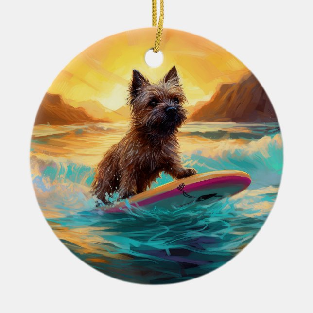 Ornamento De Cerâmica Cairn Terrier Beach Surfing Painting (Frente)