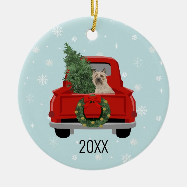 Ornamento De Cerâmica Cairn Terrier Christmas Red Truck Holiday (Frente)