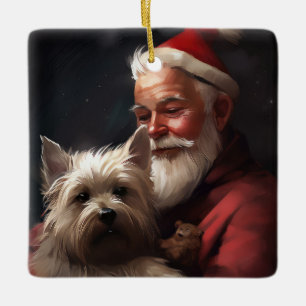 Ornamento De Cerâmica Cairn Terrier com Papai Noel Natal Festivo