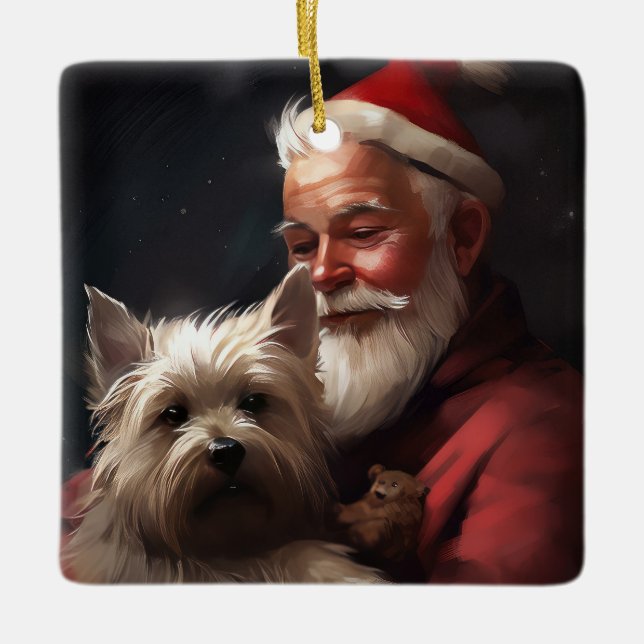 Ornamento De Cerâmica Cairn Terrier com Papai Noel Natal Festivo (Frente)