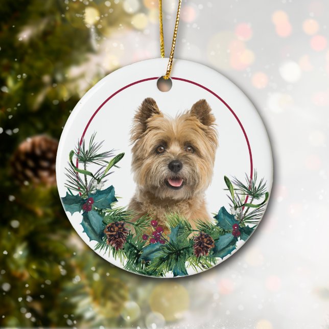 Ornamento De Cerâmica Cairn Terrier Dog Evergreen Wreath (Criador carregado)