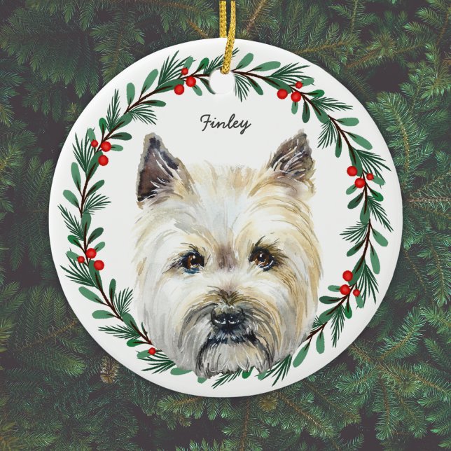 Ornamento De Cerâmica Cairn Terrier Dog Monograma Name Feriado Wreath (Add name, or other short text, or delete text if not required.)