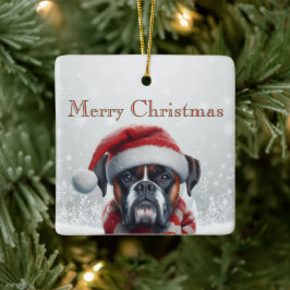 Ornamento De Cerâmica Caixa de Natal do Boxer com Chapéu de Papai Noel