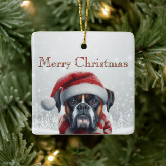 Ornamento De Cerâmica Caixa de Natal do Boxer com Chapéu de Papai Noel