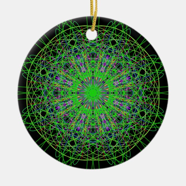 Ornamento De Cerâmica Caleidoscópio Negro Verde - Arte Mandala (Frente)
