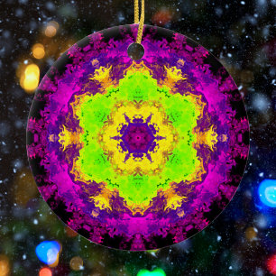 Ornamento De Cerâmica Caleidoscópio Psicodélico Verde Amarelo e Púrpura