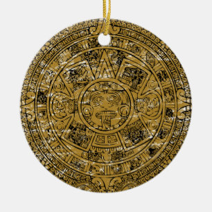 Ornamento De Cerâmica Calendário de Pedra Solar Asteca Envelhecido