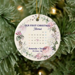 Ornamento De Cerâmica Calendário Floral Nosso Primeiro Natal Casados