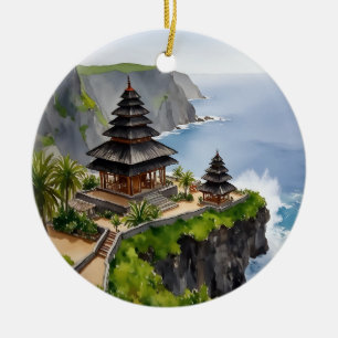 Ornamento De Cerâmica Cali Indonesia Uluwatu Temple Watercolor
