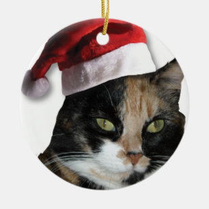 Ornamento De Cerâmica Calico Cat com um Chapéu do Papai Noel