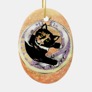 Ornamento De Cerâmica Calico Cat Halloween