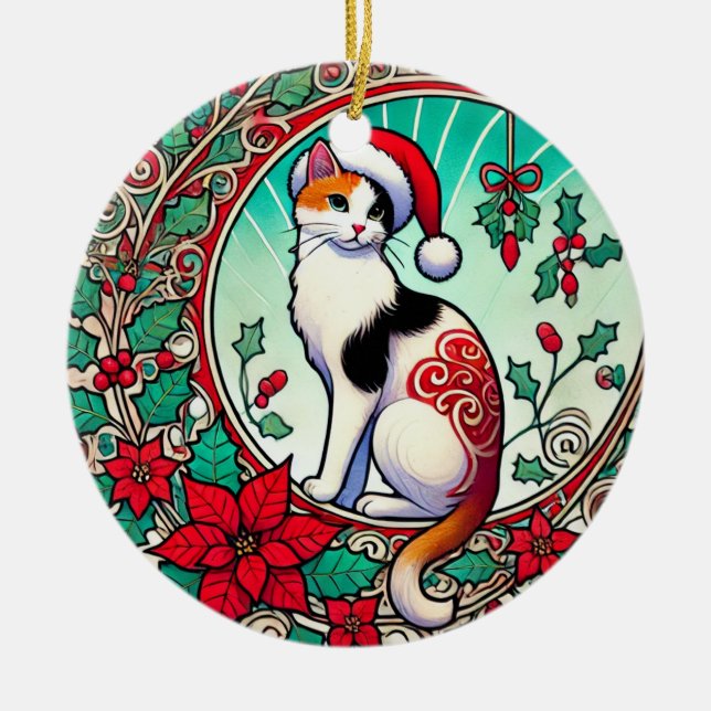 Ornamento De Cerâmica Calico Cat Natal (Frente)