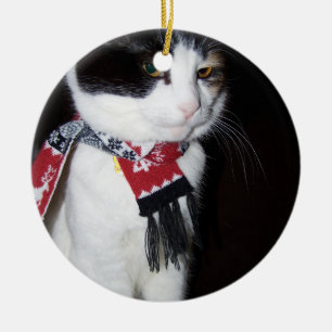 Ornamento De Cerâmica Calico Cat Vestindo Scarf Holiday Ornament