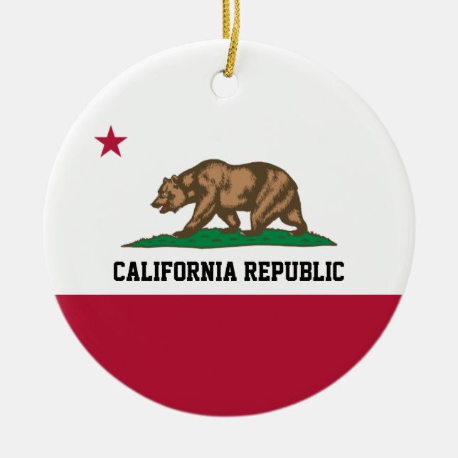 Ornamento De Cerâmica California Bear Republic Flag Grizzly e Star (Frente)